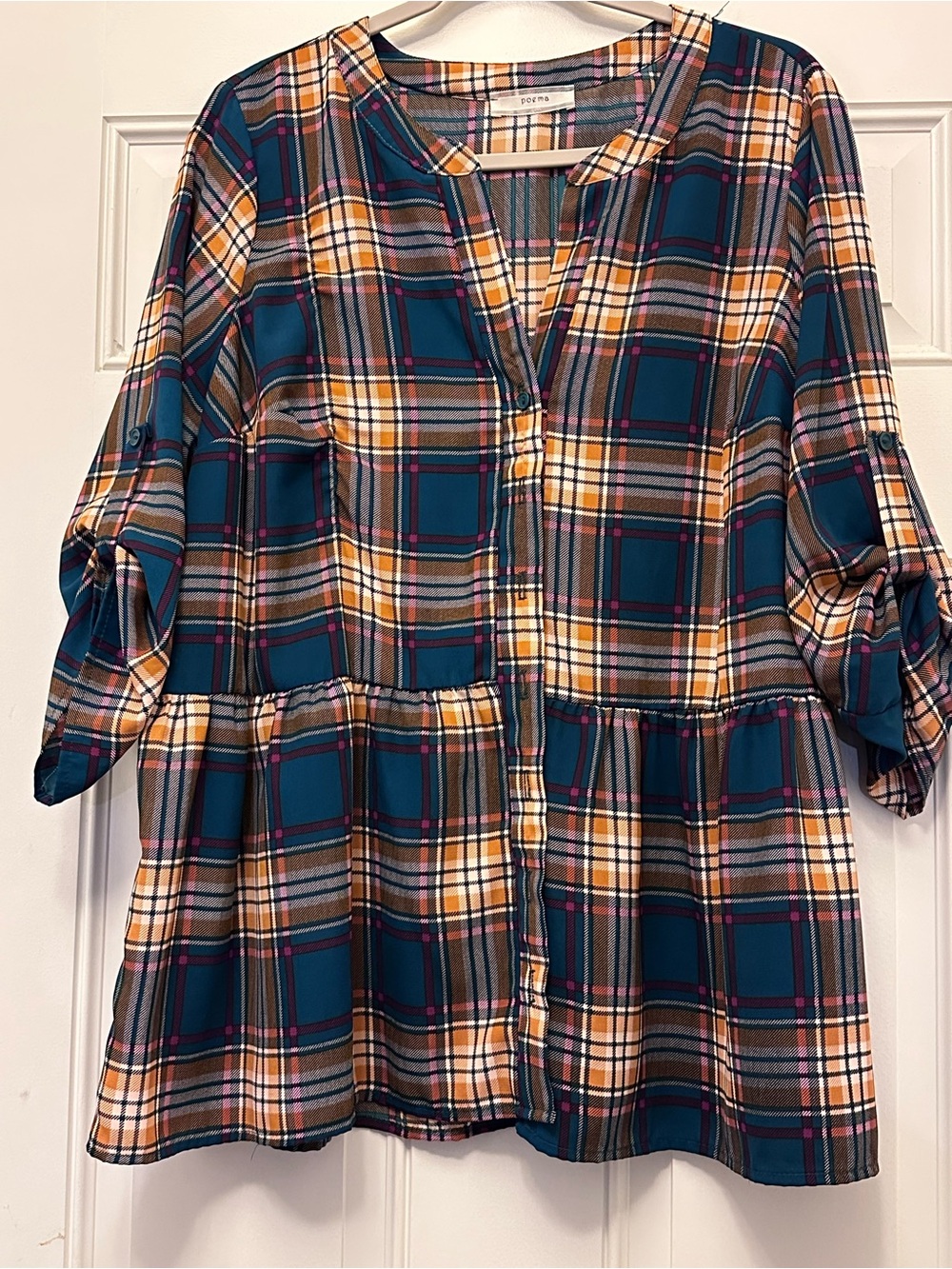 Plaid Tiered Button-Front Tunic in Green, Burgandy/Purple, Beige